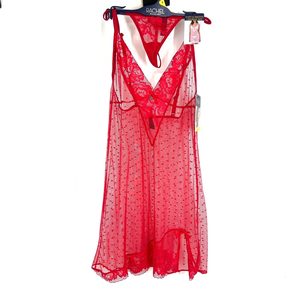 Rachel Rachel Roy Red Heart Mesh Lace Lingerie Chemise G-String Set RR3114 S NEW